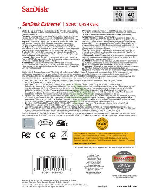 SanDisk Extreme SDHC Card 16GB 90MB/s Class 10 UHS-I U3